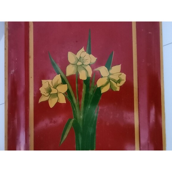 Vintage Red Metal Tray Mustard Yellow Daffodils Green Leaves 14" x 9" - Picture 8 of 12